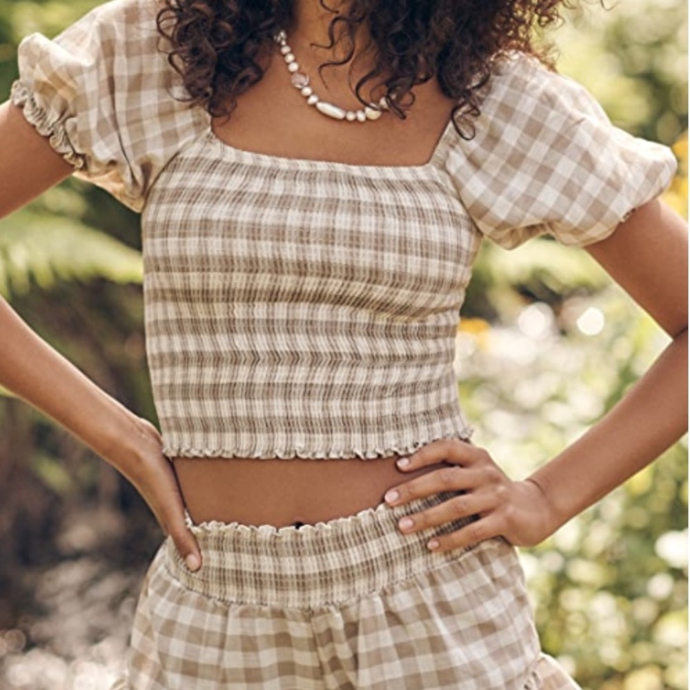 Peixoto Ivy Top - tan and white gingham smocked blouse
